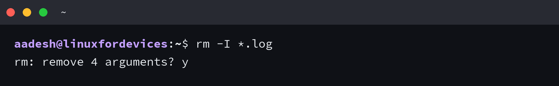 Terminal showing rm -I asking one question for four files