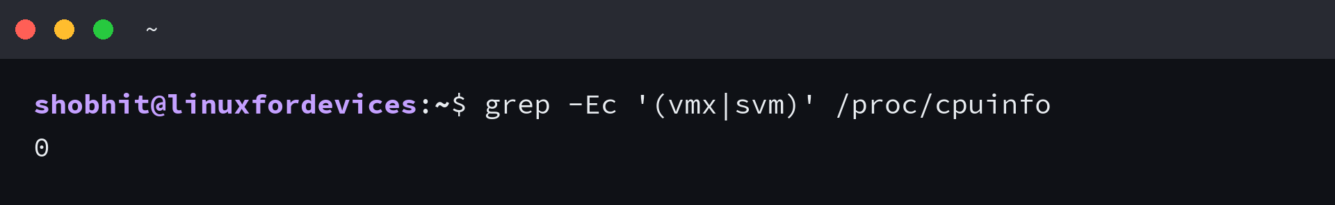 grep -Ec '(vmx|svm)' /proc/cpuinfo printing 0 on a machine without virtualization exposed