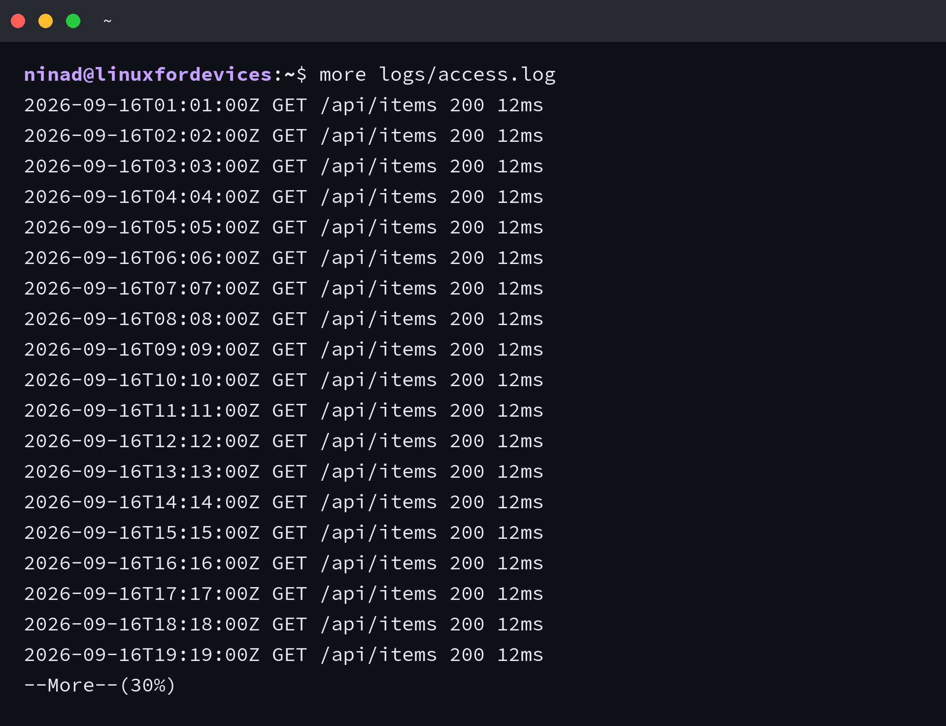 more holding the first screenful of an access log with a percentage prompt