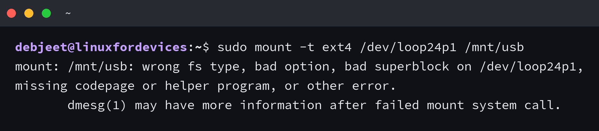 mount failing with wrong fs type, bad option, bad superblock after asking for ext4 on a FAT32 partition