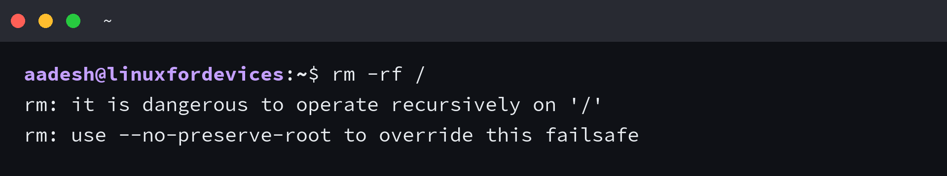 Terminal showing rm refusing to remove the root directory