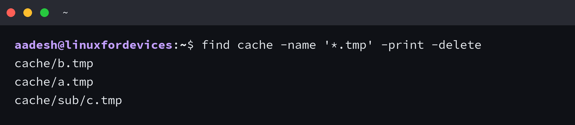 Terminal showing find deleting tmp files and printing each path