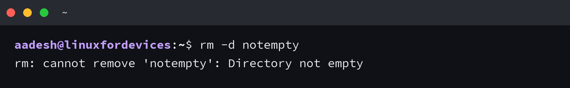 Terminal showing rm -d failing on a directory that still holds a file