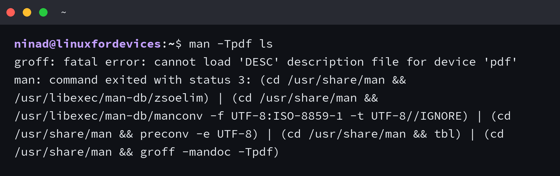 man -Tpdf ls failing with a missing groff device description