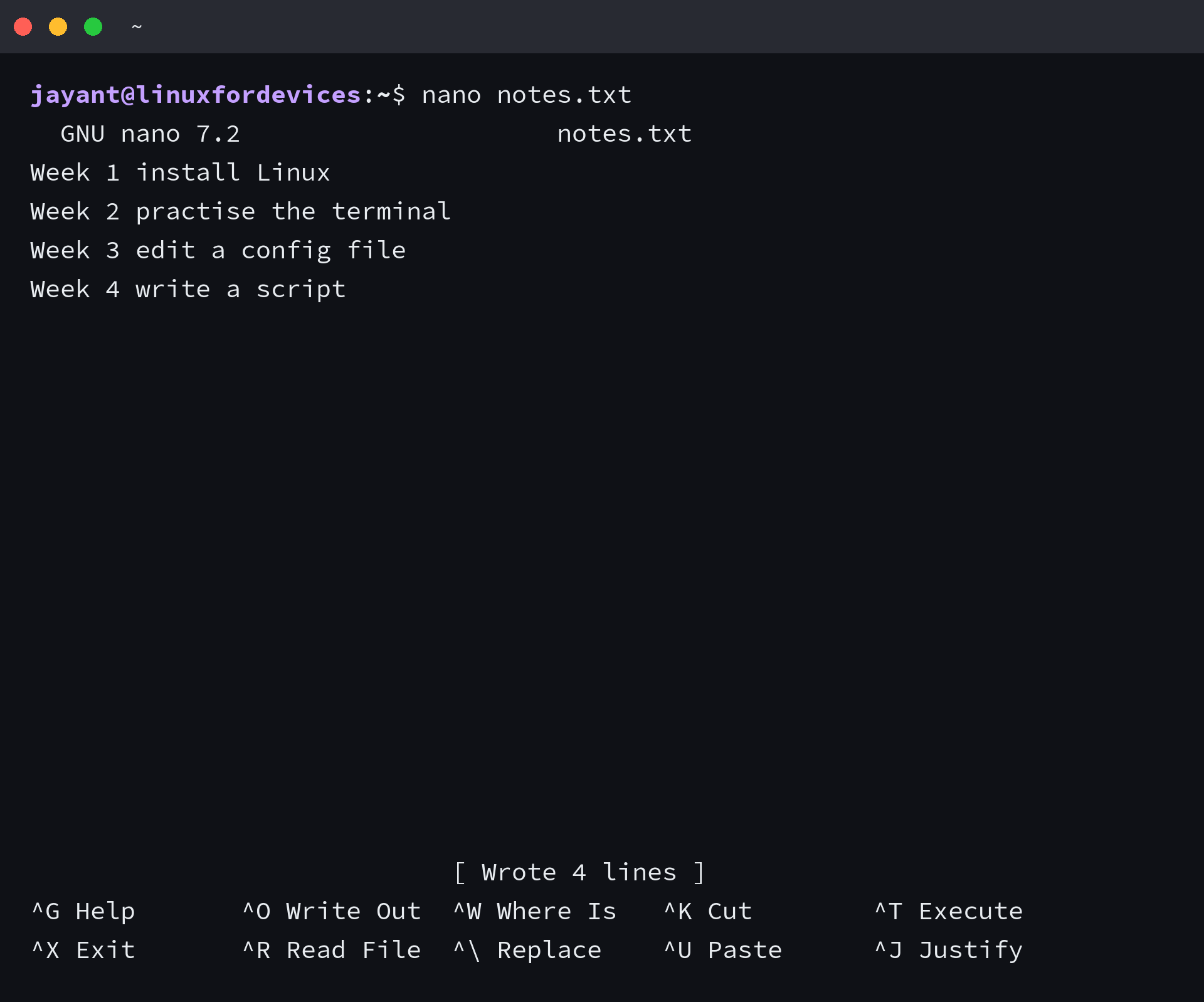 nano status line reporting Wrote 4 lines after Ctrl+S