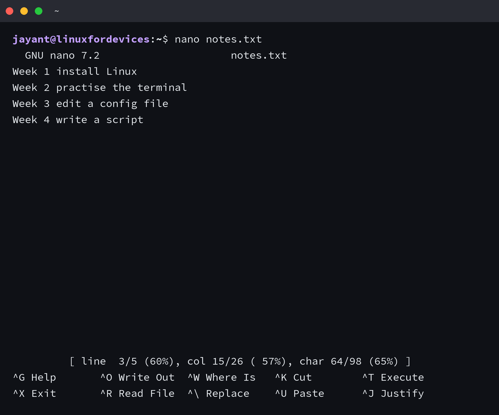 nano status line reporting the cursor position after Ctrl+W found the search term on line 3