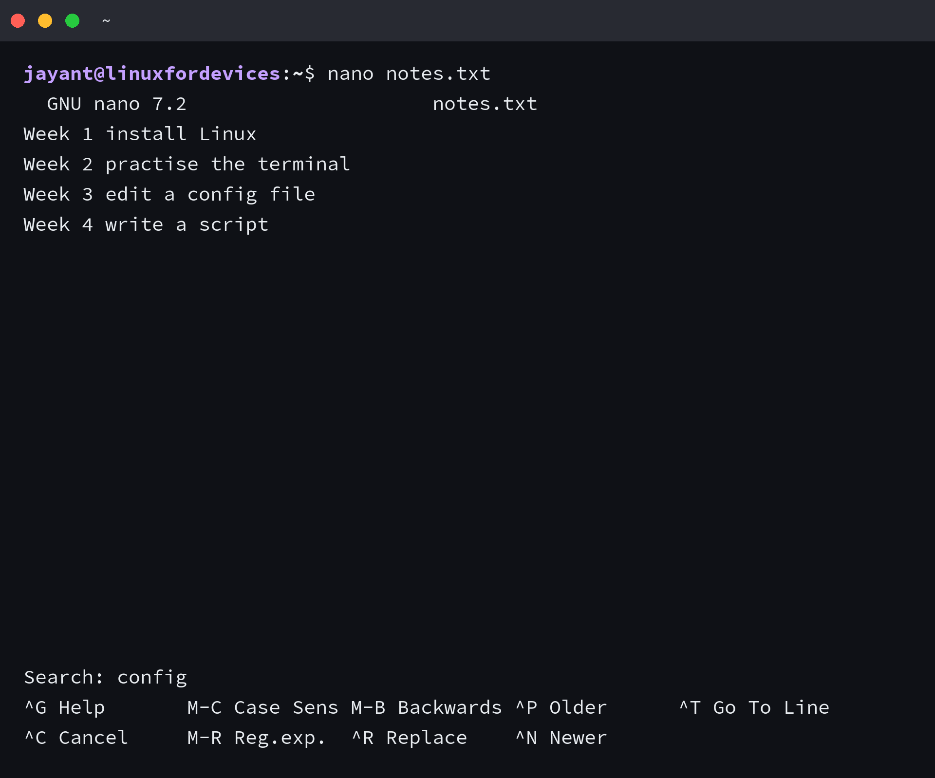 nano search prompt with the term config typed after Ctrl+W