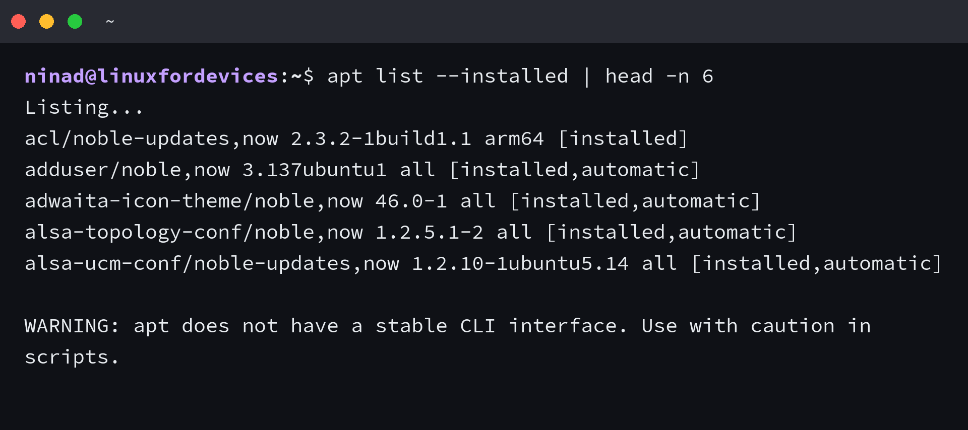 apt list --installed output on Ubuntu showing the Listing line and package rows with installed and automatic markers