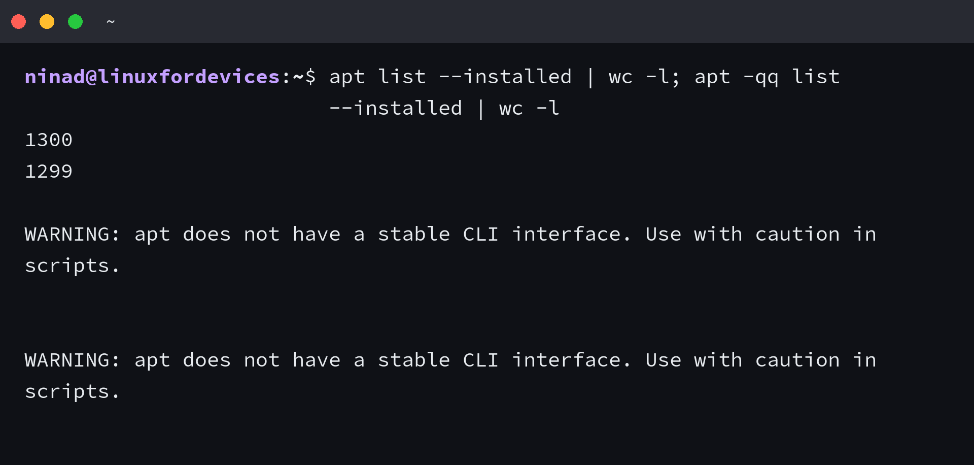 Two apt list counts in a terminal showing 1300 from the plain command and 1299 from the quiet command