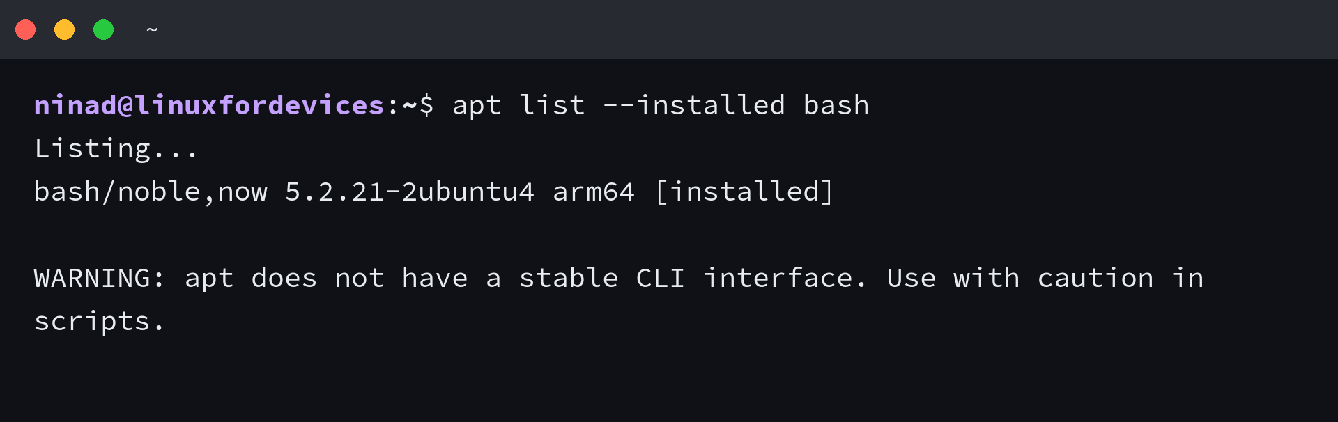 apt list --installed bash returning a single package line on Ubuntu