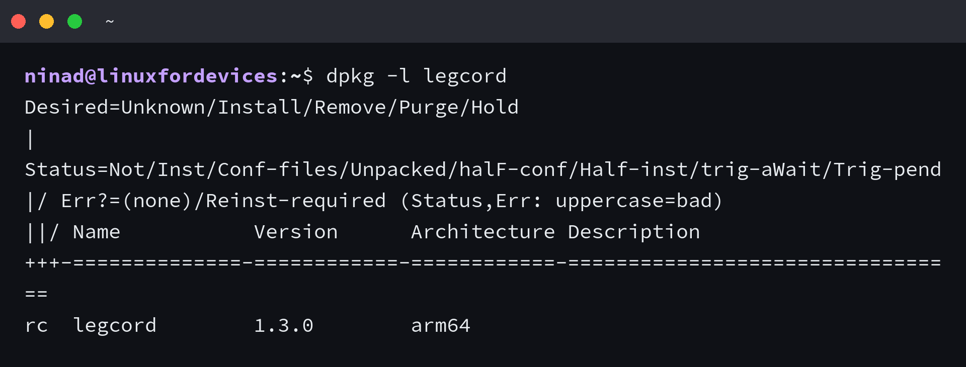 dpkg -l showing a package with the rc status code, meaning removed with configuration files left behind