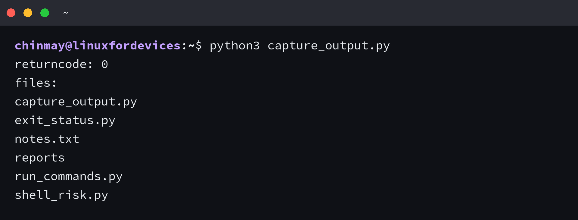 Terminal showing a Python script printing the returncode and the captured stdout of ls -1