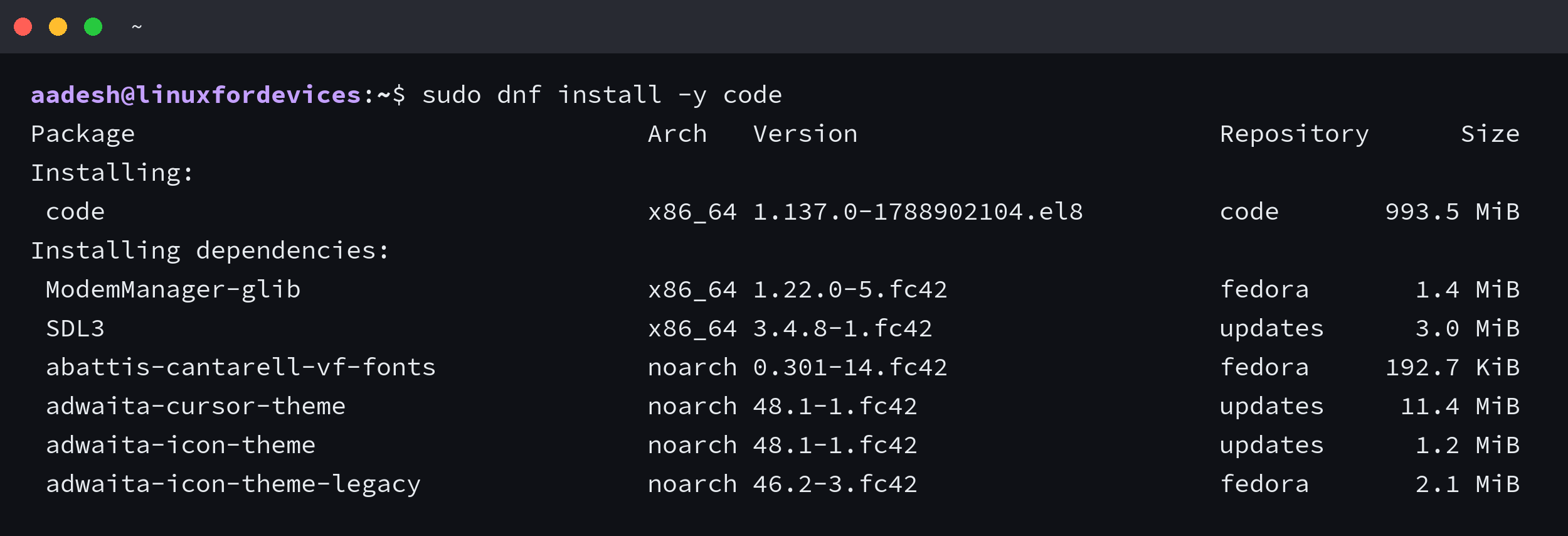 dnf resolving the code package from the Microsoft repository on Fedora