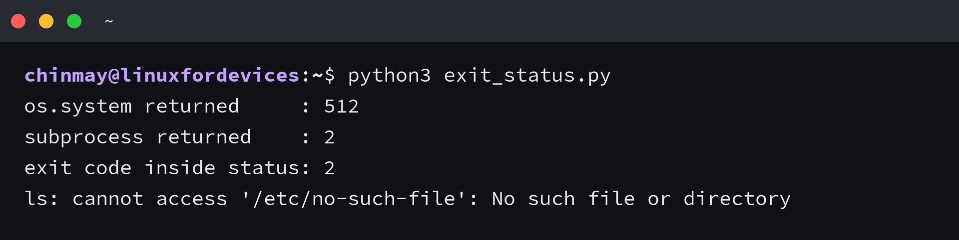 Terminal showing os.system returning 512 and subprocess.run returning 2 for the same missing file