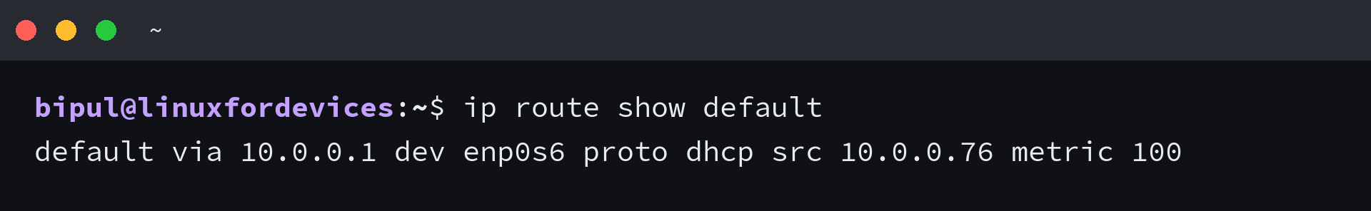 Terminal output of ip route show default for an interface with a DHCP lease
