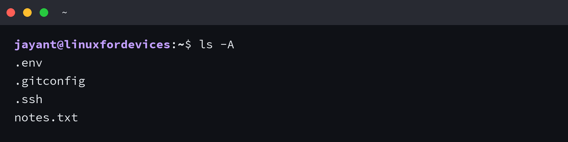 ls -A listing that shows dot entries without the . and .. entries