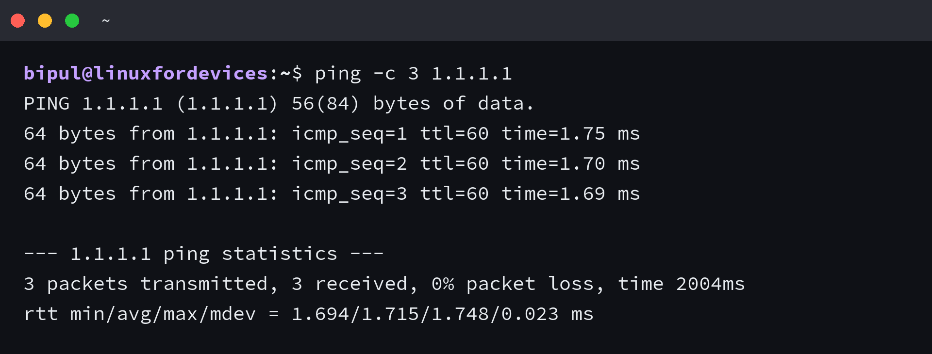 Terminal output of ping -c 3 1.1.1.1 with three replies and zero packet loss