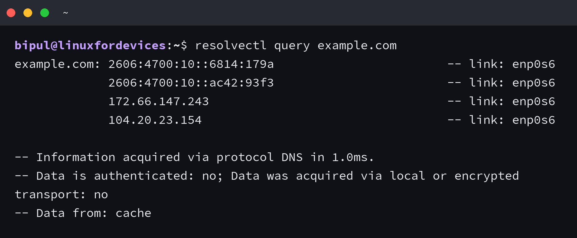 Terminal output of resolvectl query example.com returning four addresses through the enp0s6 interface