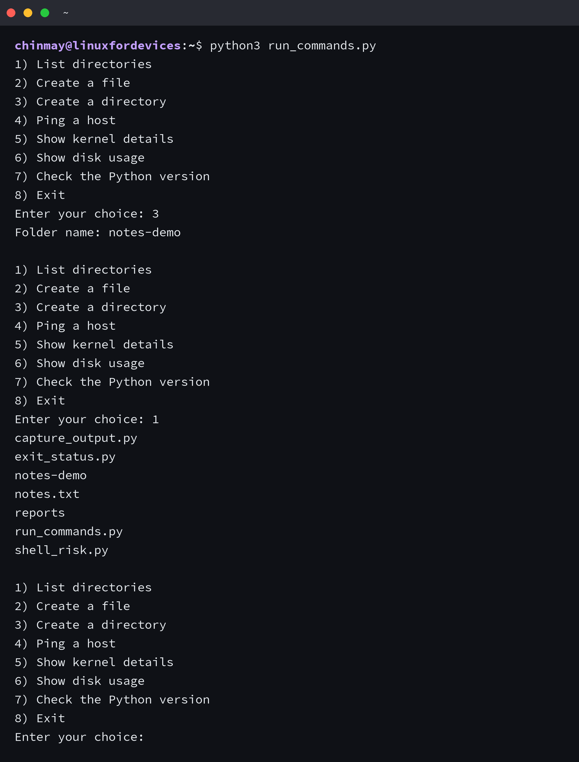 Menu script running in a terminal, listing a directory and then creating a folder