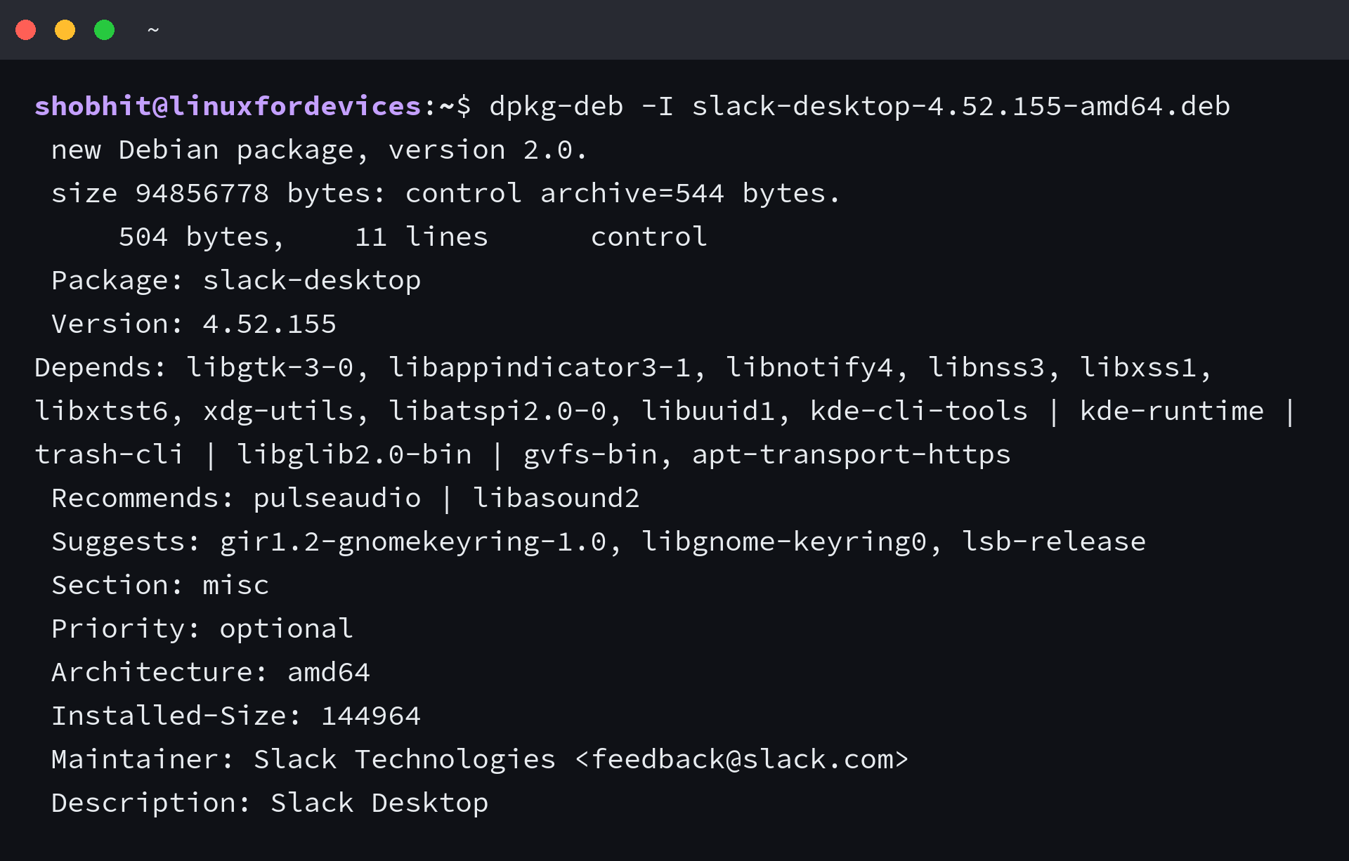 dpkg-deb -I reporting Slack desktop version 4.52.155, architecture amd64 and the full dependency list including libappindicator3-1