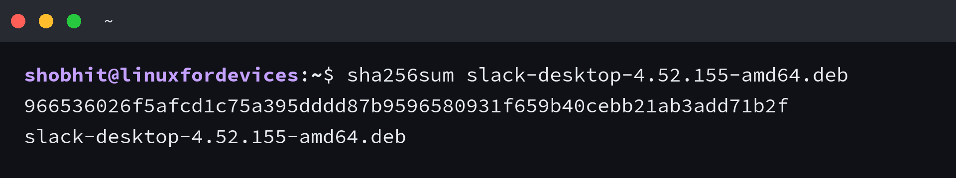 sha256sum output for the Slack desktop deb matching the checksum Slack's apt repository publishes