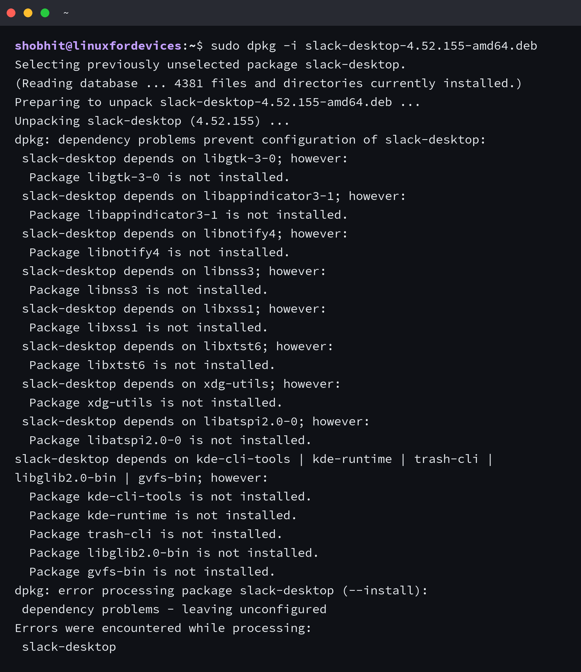 dpkg dependency problems output listing libgtk-3-0, libappindicator3-1, libnotify4, libnss3, libxss1 and libxtst6 as not installed