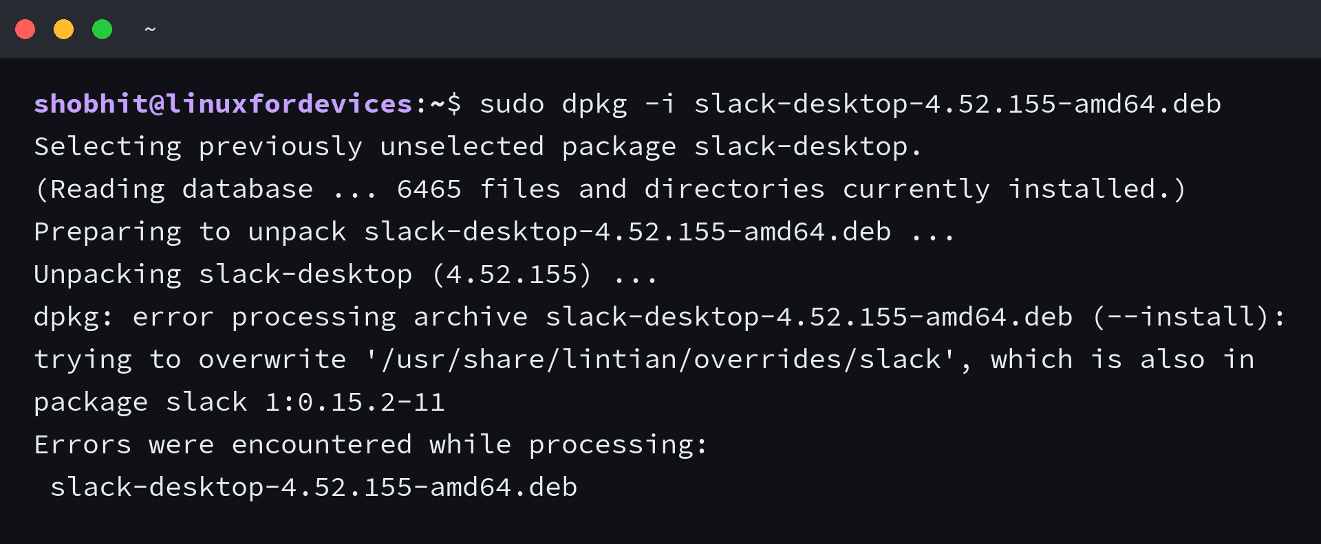 dpkg refusing to overwrite /usr/share/lintian/overrides/slack, a file owned by the universe slack package 1:0.15.2-11