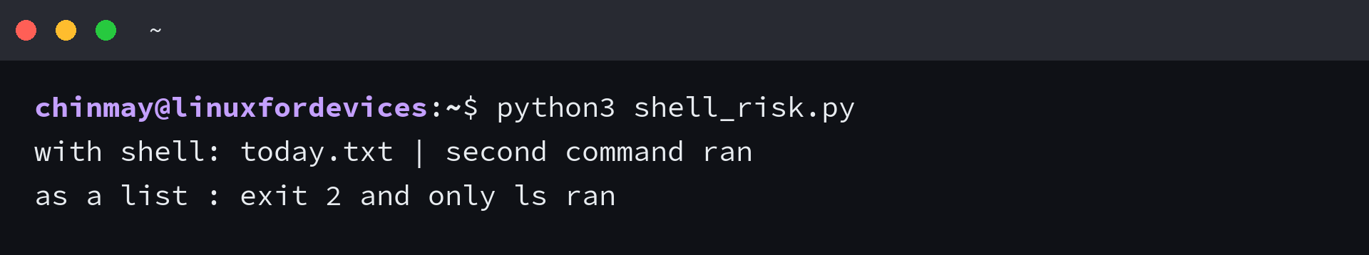 Terminal comparing a subprocess call with shell=True against the same command passed as an argument list