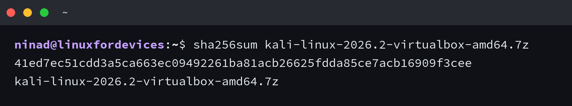 Terminal showing sha256sum output for the Kali 2026.2 VirtualBox image matching the published checksum