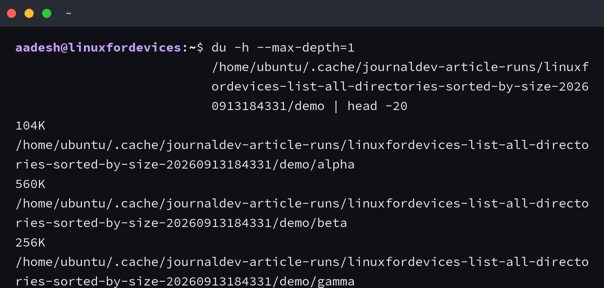 du output showing immediate subdirectories with human sizes