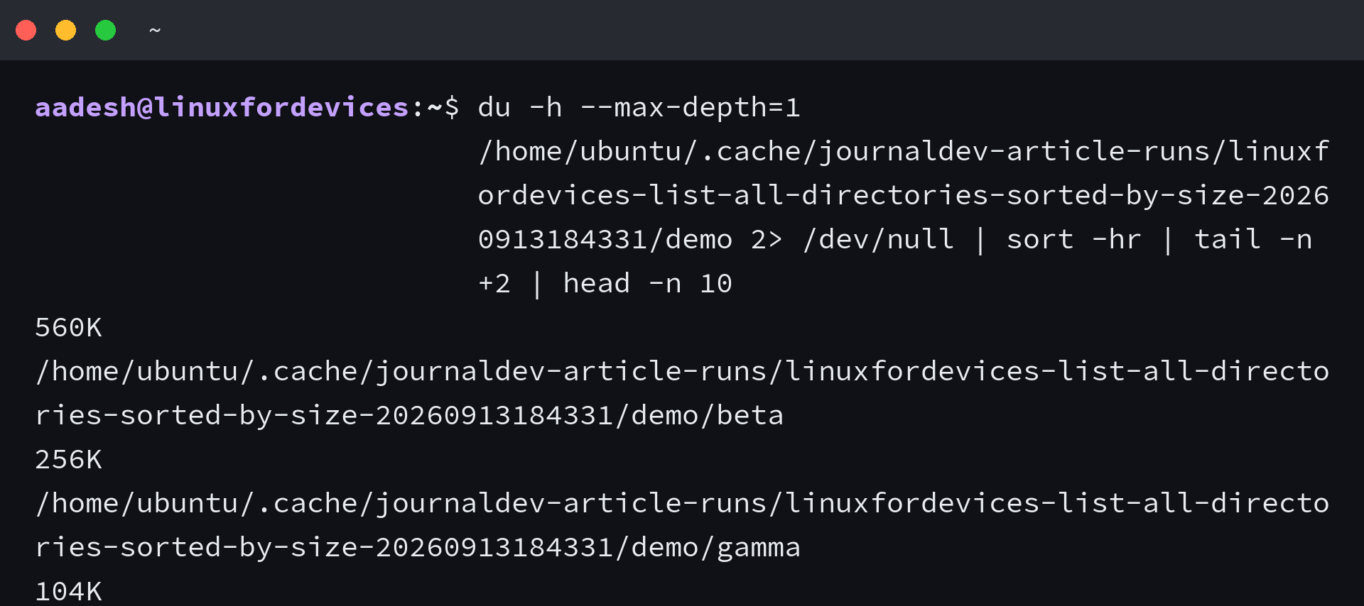 Top directories without parent total via tail and head