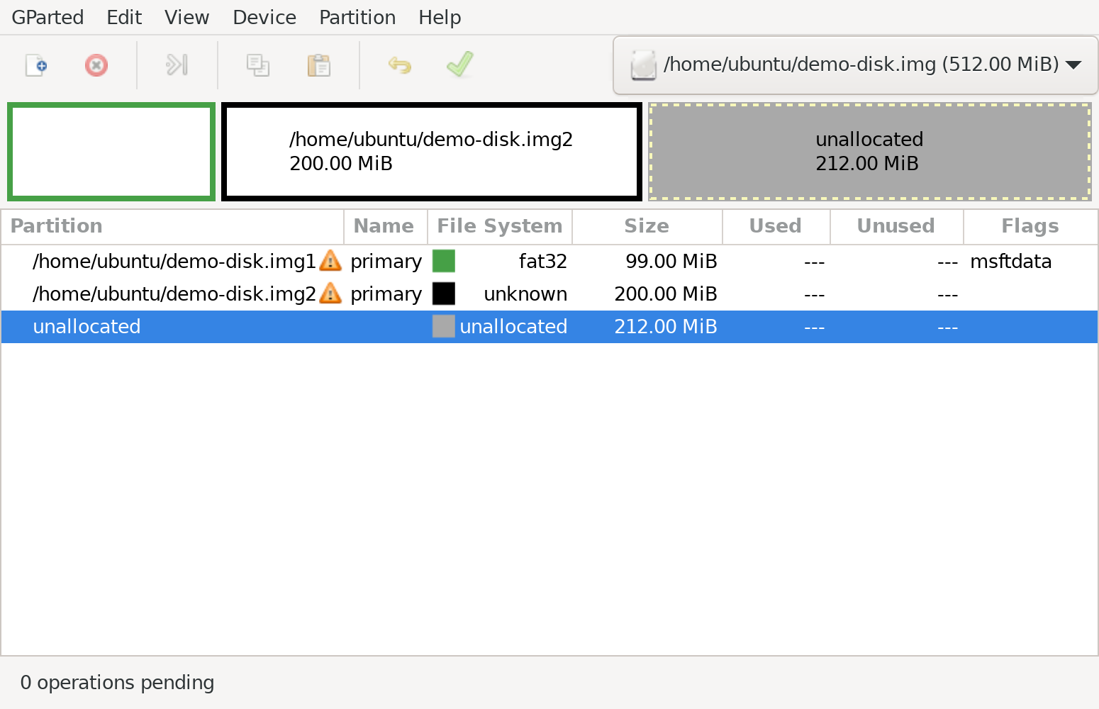 GParted 1.5.0 showing a test image with a FAT32 partition and a second partition listed as unknown