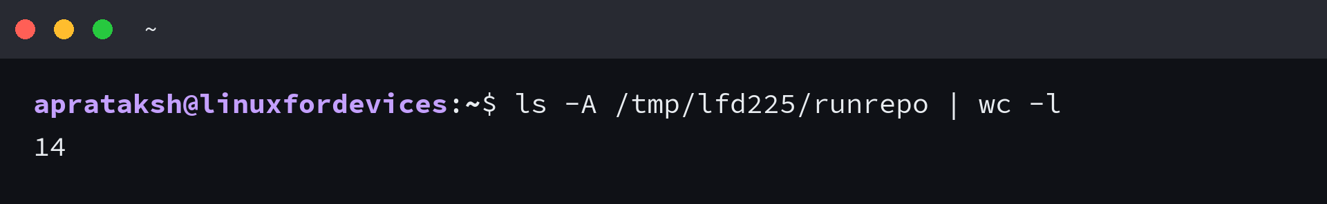 Hidden files counted with ls -A piped to wc -l shows 14 entries where plain ls showed 13