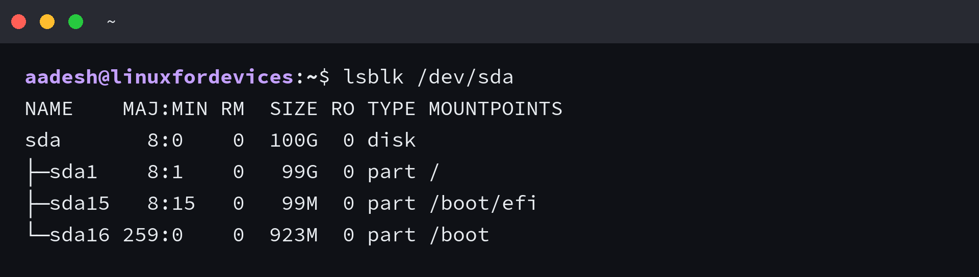 lsblk output for /dev/sda listing sda1, sda15 and sda16 with sizes and mount points