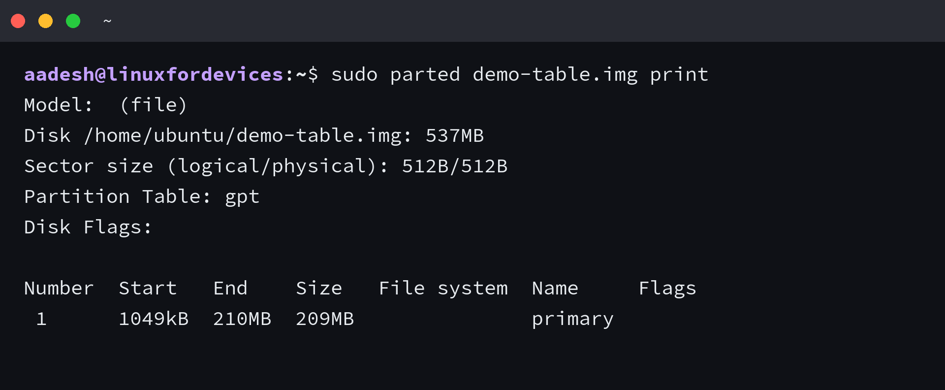 parted print output for a 512 MiB test image showing one 209 MB partition with an empty File system column