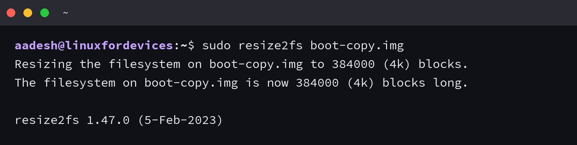 resize2fs output reporting that the filesystem is now 384000 4k blocks long