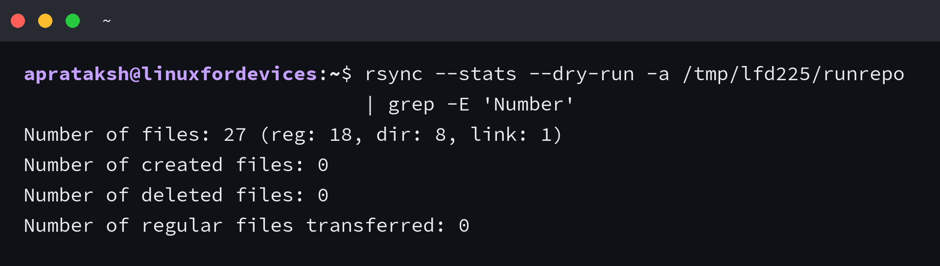 rsync --stats report showing 27 total items split into 18 regular files, 8 directories and 1 link