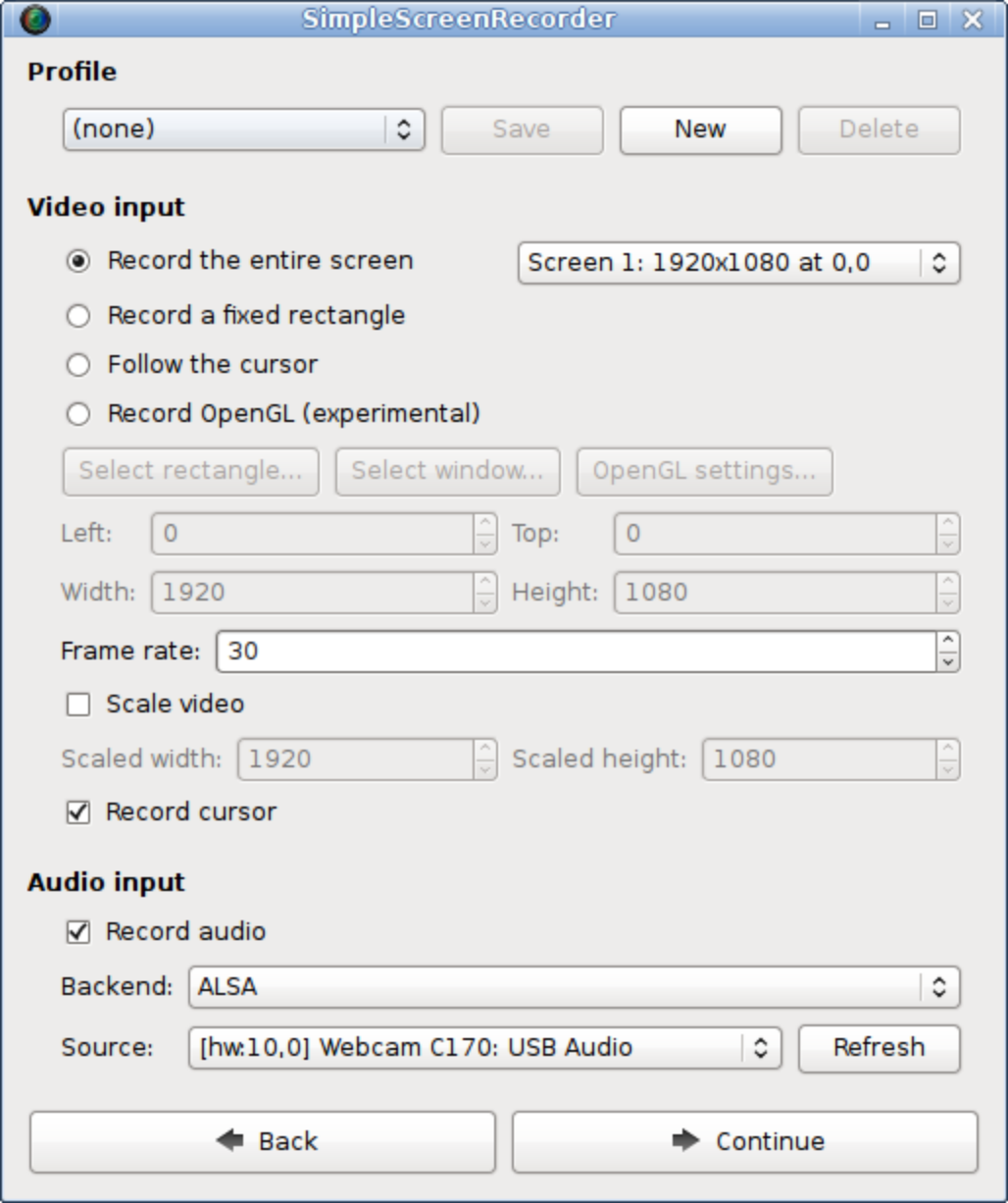 SimpleScreenRecorder setup page with screen capture, frame rate, cursor and audio settings