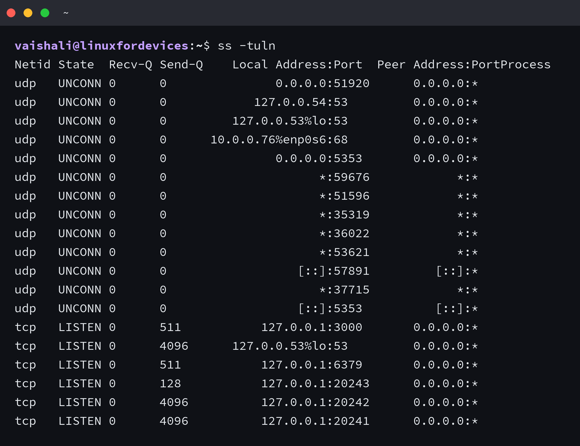 ss -tuln output showing listening TCP and UDP sockets