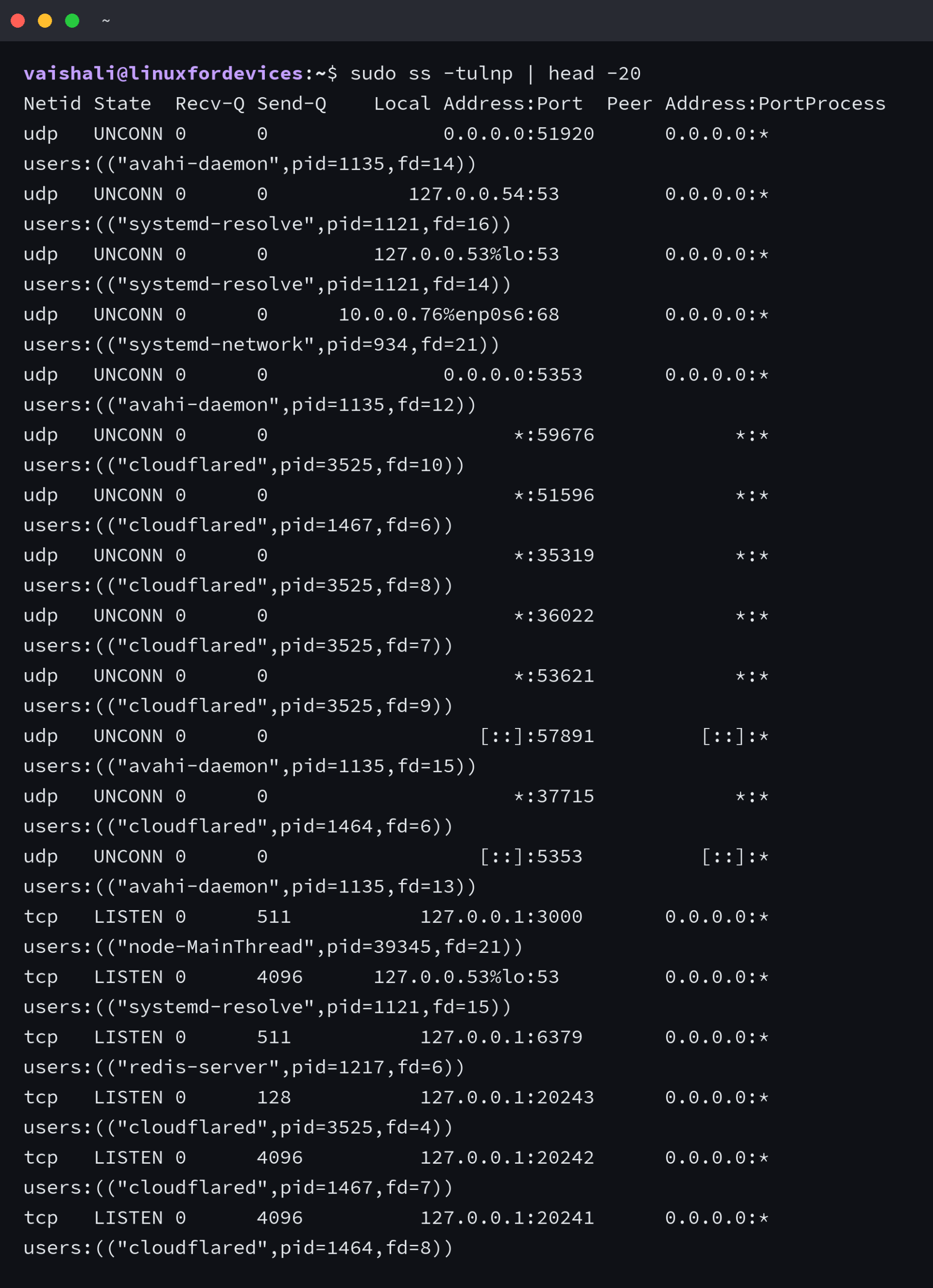 ss -tulnp with process column showing PIDs