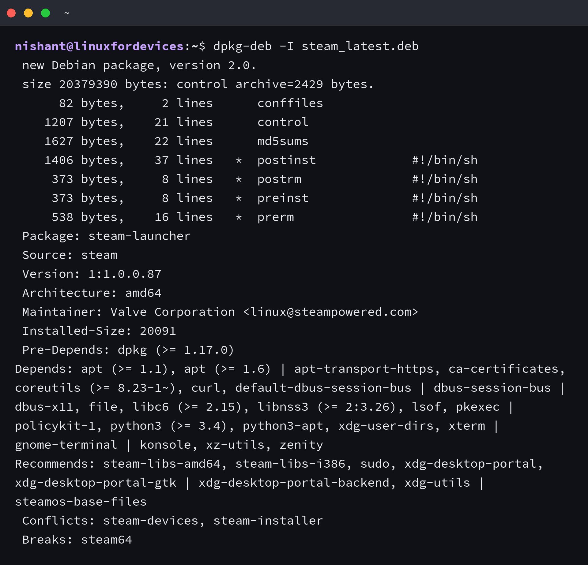 Steam launcher control file in a terminal showing package version 1:1.0.0.87, its dependencies, and its recommendation to install the 32-bit libraries
