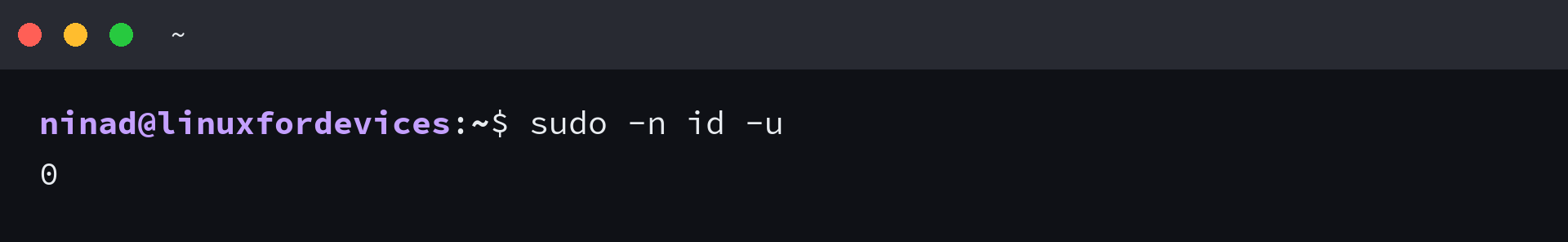 sudo -n id -u command output showing effective user ID 0
