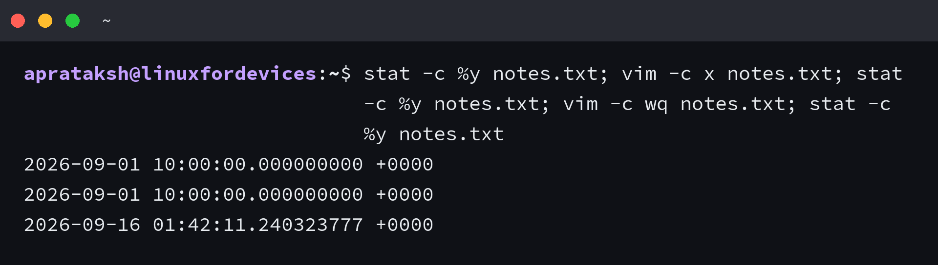 Three file timestamps around vim -c x and vim -c wq showing :x leaving the timestamp alone and :wq updating it