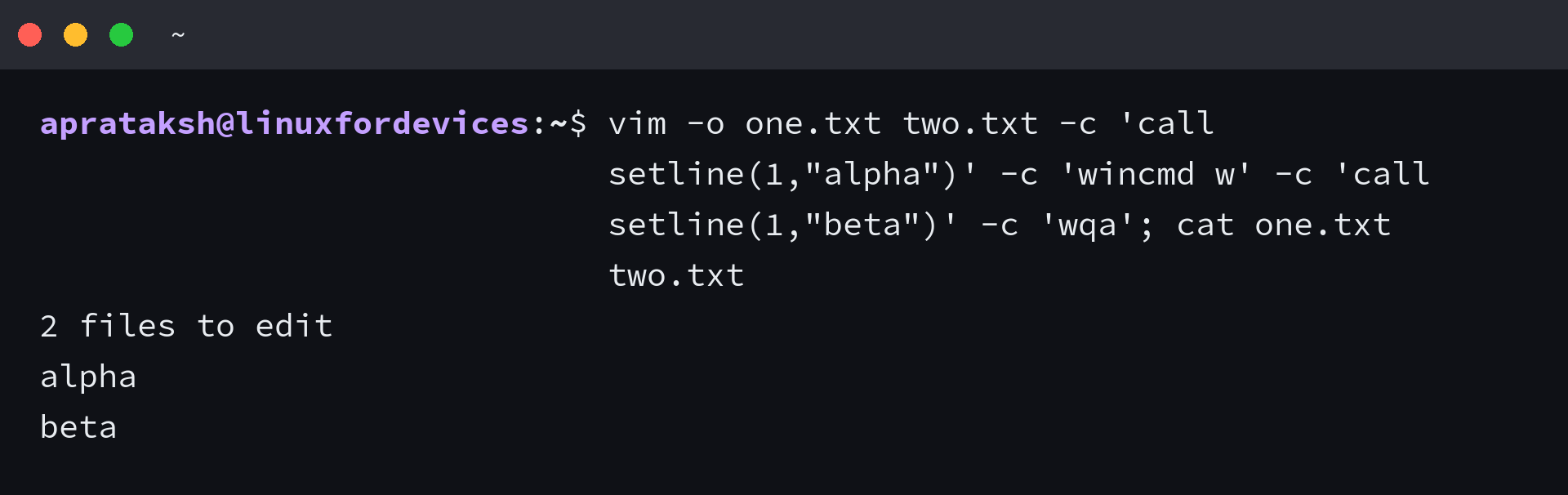 Two files printed after :wqa wrote both buffers, showing the new first line alpha and beta