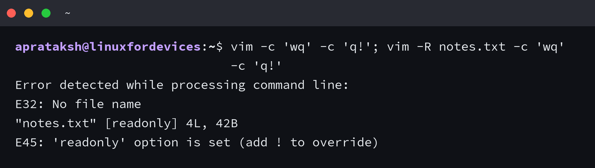 Vim printing E32 No file name for an unnamed buffer and E45 readonly option is set for a file opened read-only