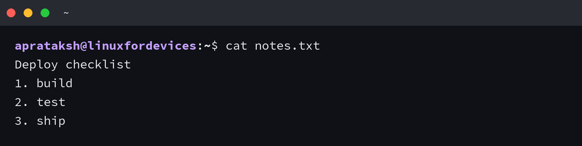 Terminal output of cat notes.txt after quitting with :q!, showing the original file contents unchanged