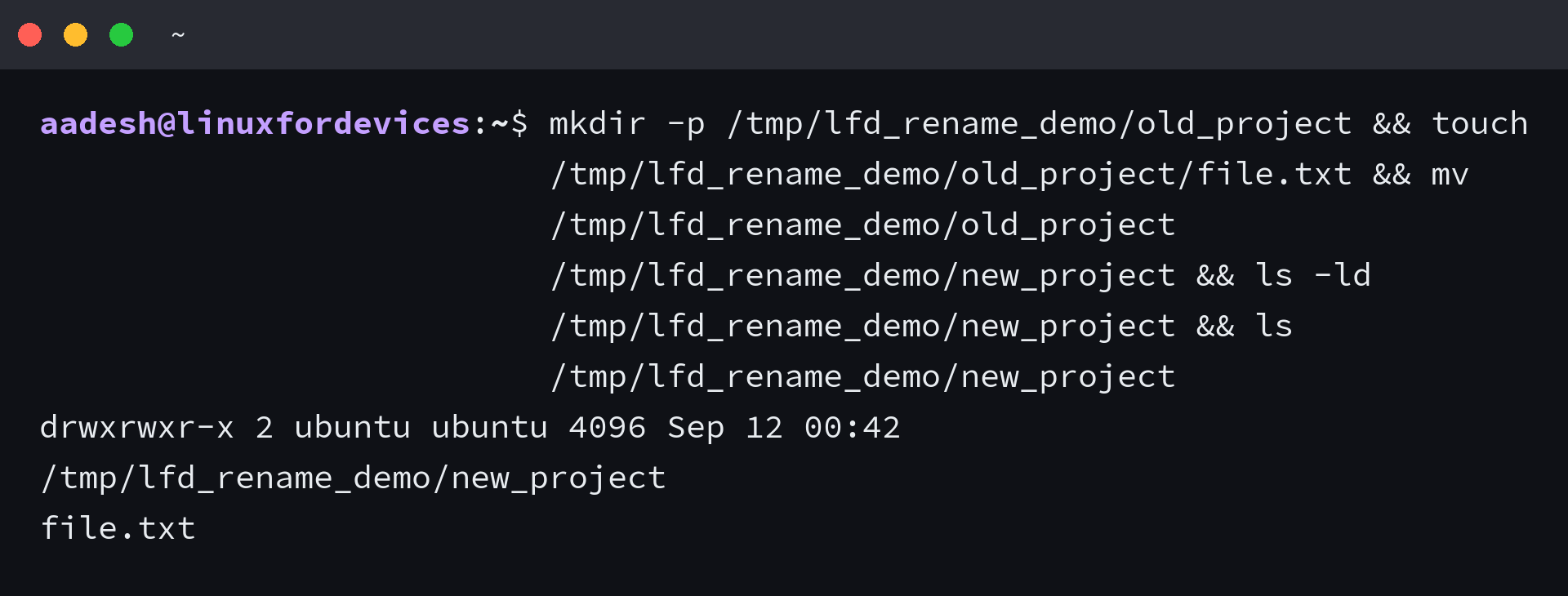 Terminal showing mv renaming old_project to new_project with ls verification