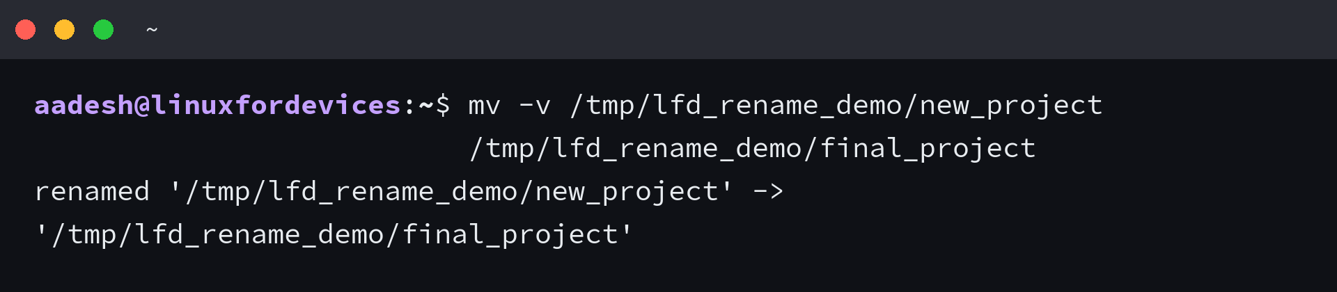 Terminal showing mv -v verbose output