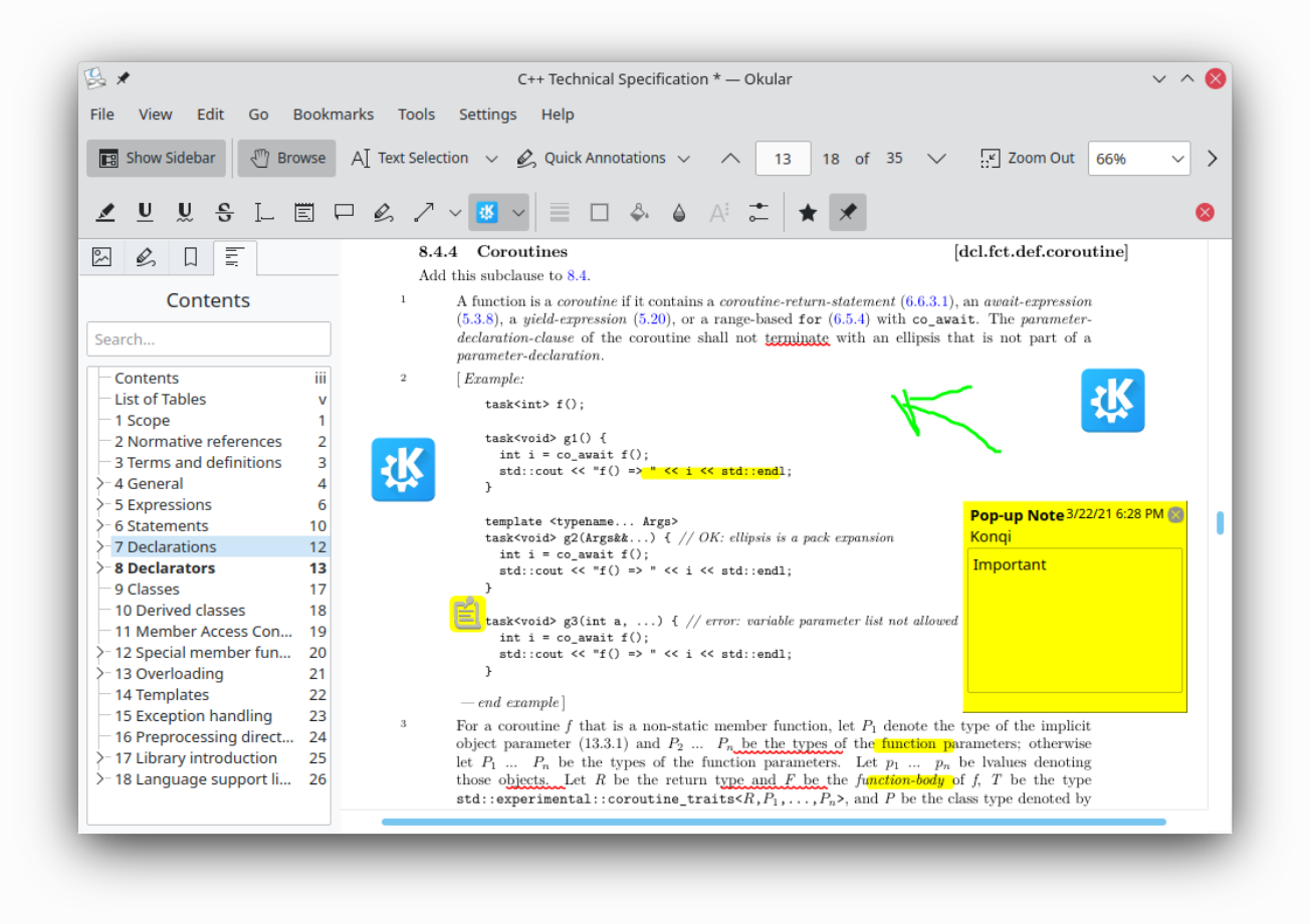 Okular displaying a PDF with the annotation toolbar, highlights, and a note
