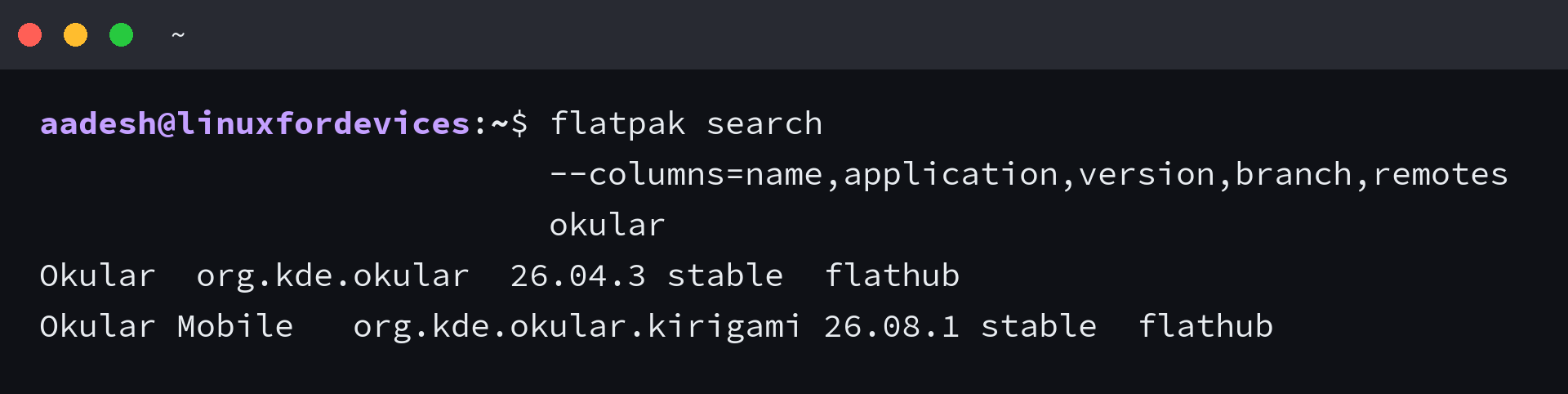 Flatpak search results for Okular 26.04.3 on the stable Flathub remote
